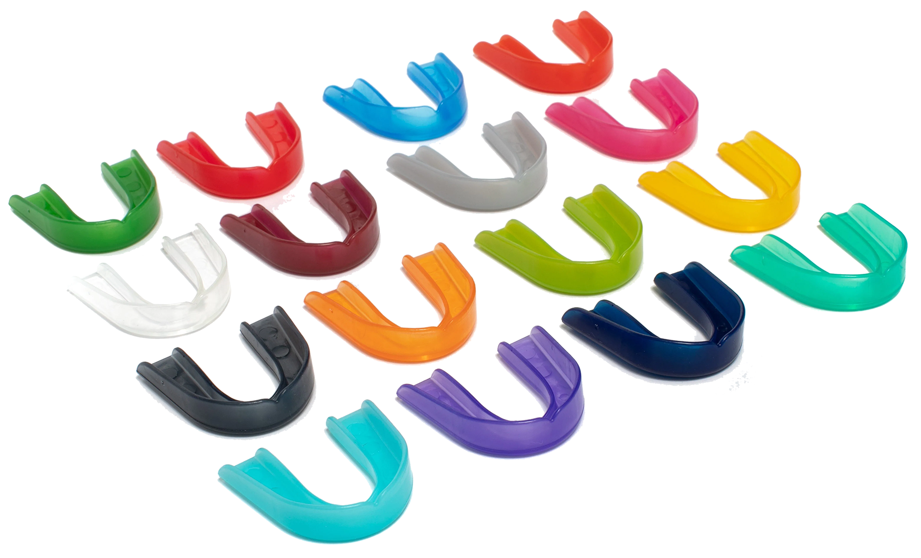 A set of 16 differently colors mouth guards without straps