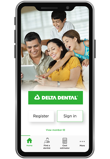 Mobile phone with the Delta Dental Mobile app on screen
